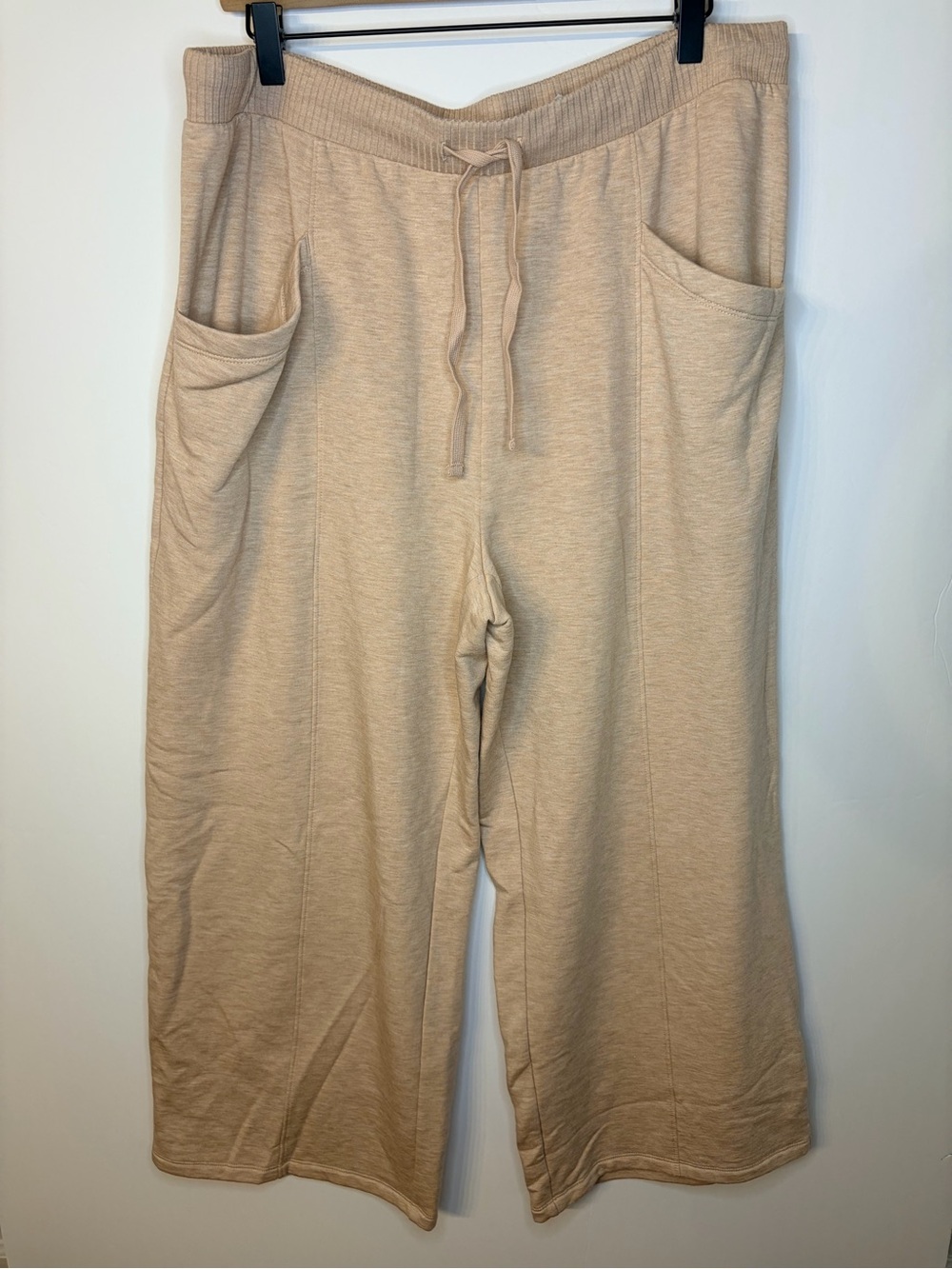 Haven Well Within Women’s Oatmeal Ribbed Waist Seam Front Wide Leg Pants, XL